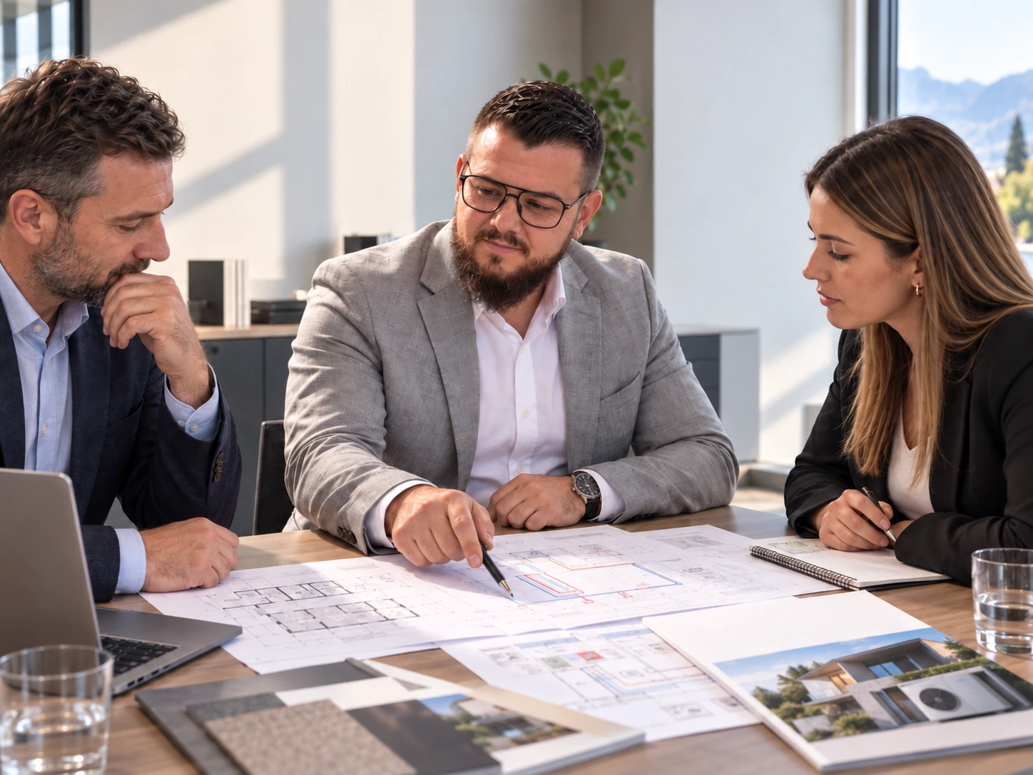 Illustration validée d’une réunion autour de plans de chauffage