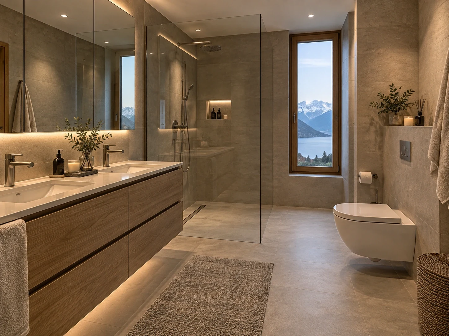Salle de bains avec double vasque, douche et WC suspendu — visuel fourni